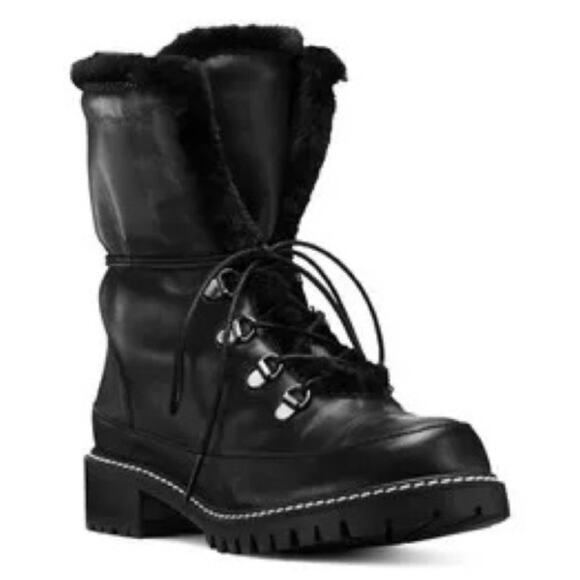Stuart Weitzman Luge Boots Leather Faux Shearling Lace Up Mid Calf Combat Boots - Picture 16 of 16